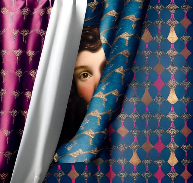 Woman's eye peeking from behind fabric.