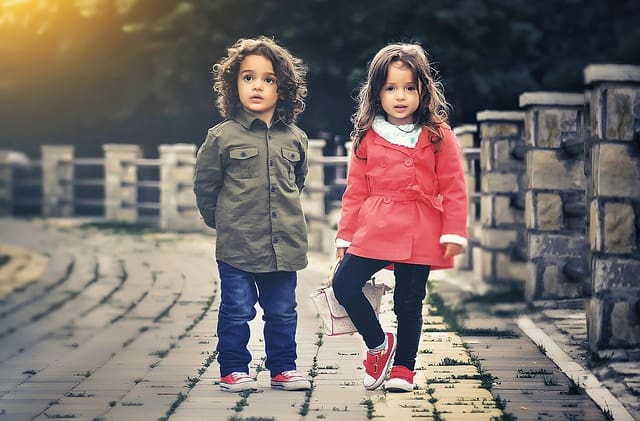 Two kids walking on a brick path.