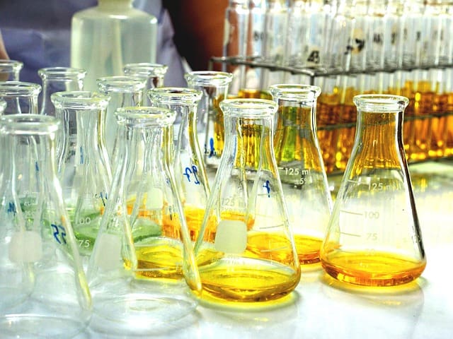 Glass beakers filled with yellow liquid.